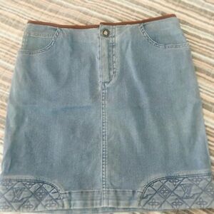 Louis Vuitton Monogram Denim Mini Skirt Size 34 Blue LV Logo Hem Leather Trim